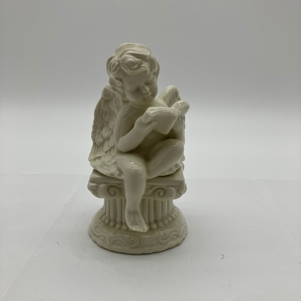 Ceramic Cherub Figurine 5.5" Ivory Angel Reading on Pedestal